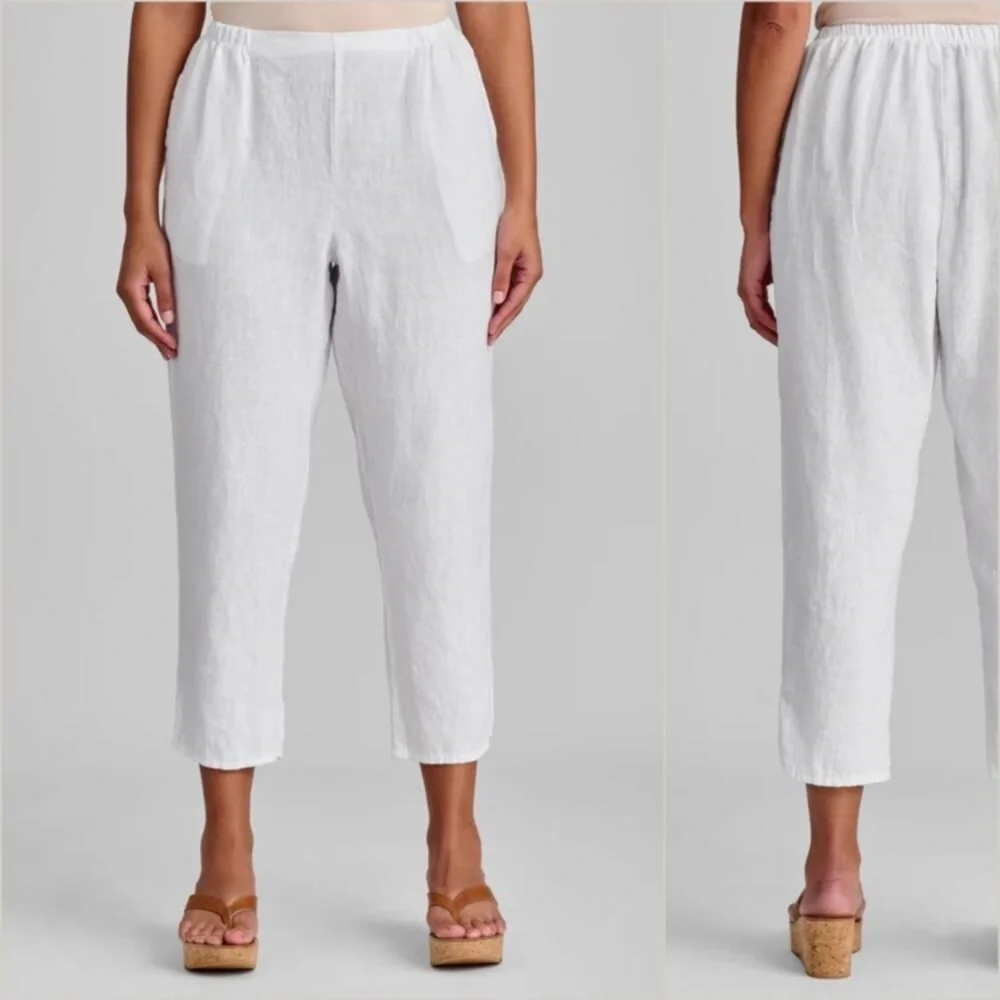 FLAX Relaxed Barrel Leg White Linen Casual Lounge Ankle Pants - Picture 3 of 7